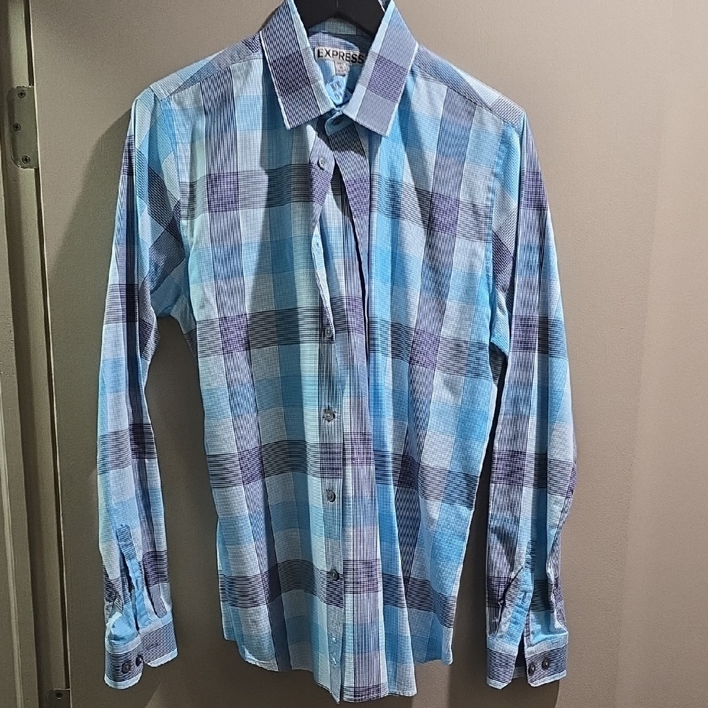 Express Men's Blue Plaid Shirt